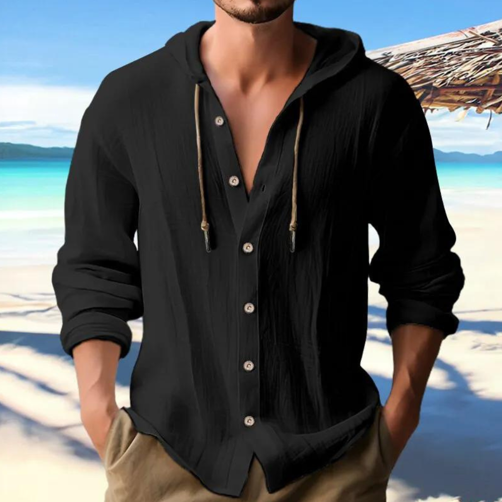 Chemise à capuche boutonnée homme, style décontracté, manches longues, idéale pour printemps et automne.