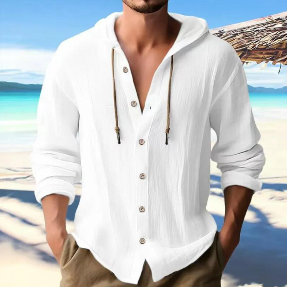 Détail d'une chemise homme boutonnée à capuche, tissu confortable, coupe décontractée, mode masculine actuelle.