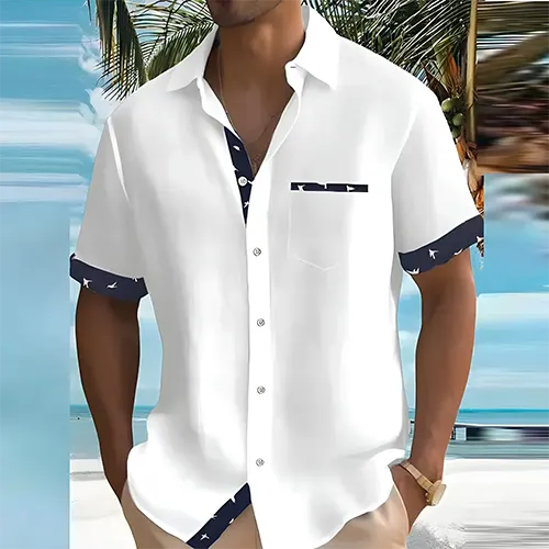 Chemise décontractée homme casual chic, col cubain, parfaite pour l'été. Respirante et élégante.
