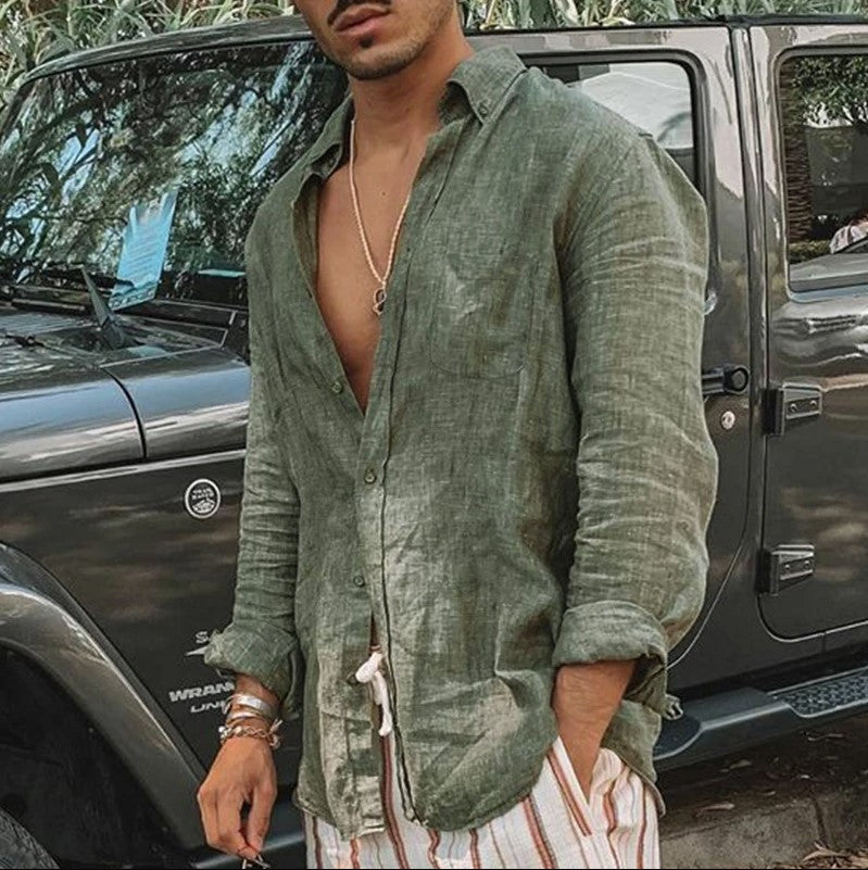 Chemise homme manches longues, style casual et élégant, idéale pour les journées de printemps et soirées d'été.