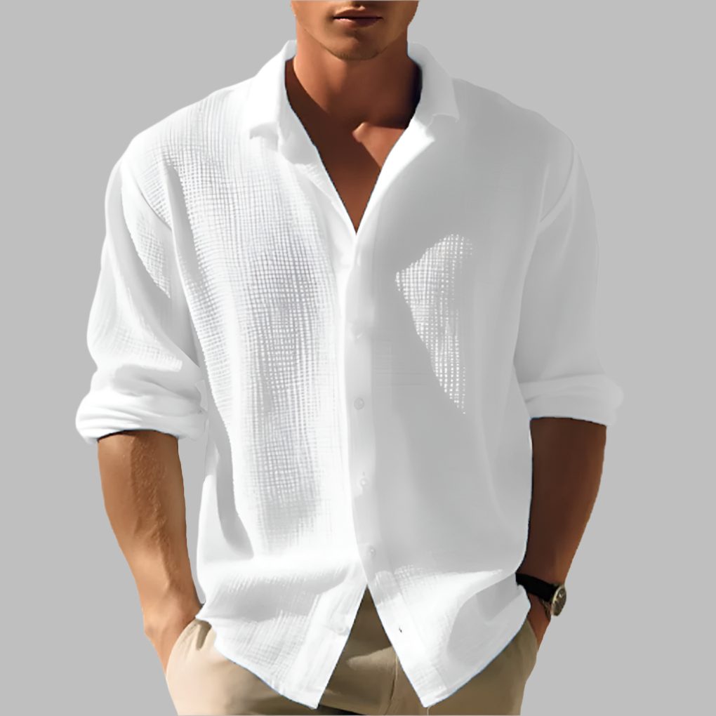 Chemise texturée homme élégante à col officier, coupe décontractée, idéale pour un style casual chic polyvalent.
