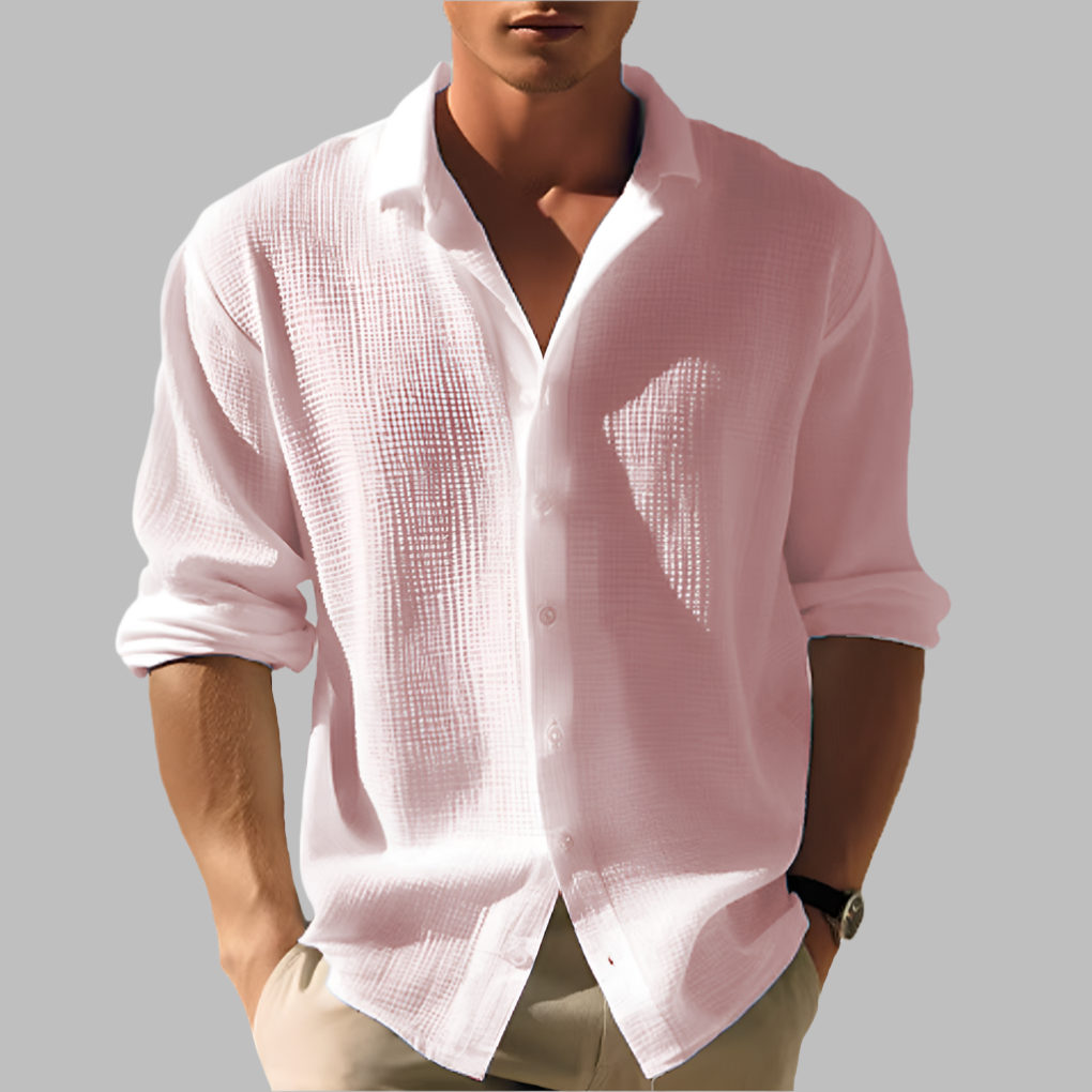 Chemise boutonnée texturée homme, col officier, manches longues, parfaite pour un style décontracté ou élégant casual.