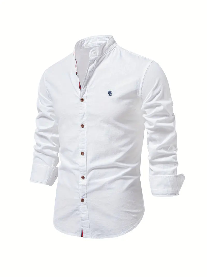 Chemise homme élégante à col mao, manches longues. Idéale pour un look moderne et décontracté chic.