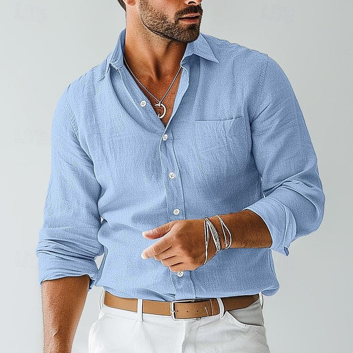 Vêtement homme : chemise boutonnée kaki à manches longues, style chic et polyvalent pour une garde-robe moderne.