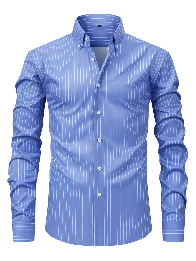Chemise habillée homme à rayures fines et manches longues. Élégance moderne pour un cadre formel ou sortie.