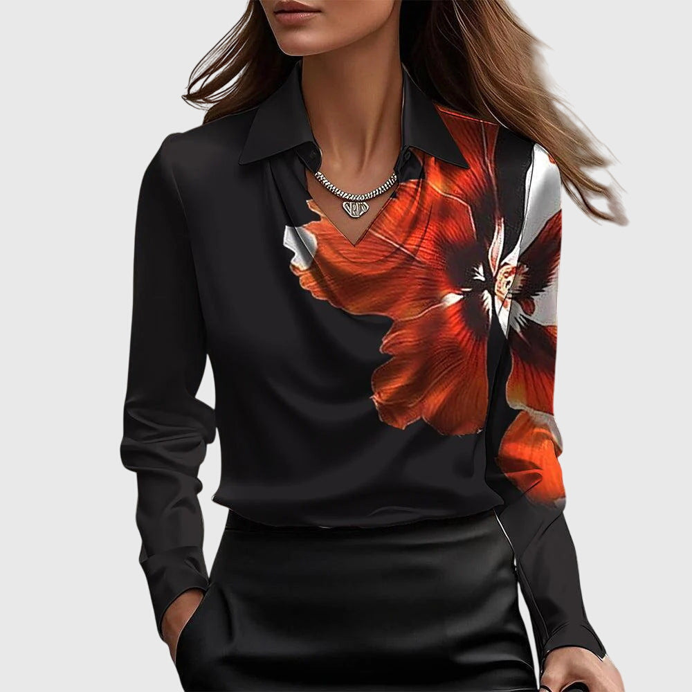 Mode féminine : Chemisier femme élégant à manches longues, style polyvalent, parfait pour tenue bureau ou décontractée.