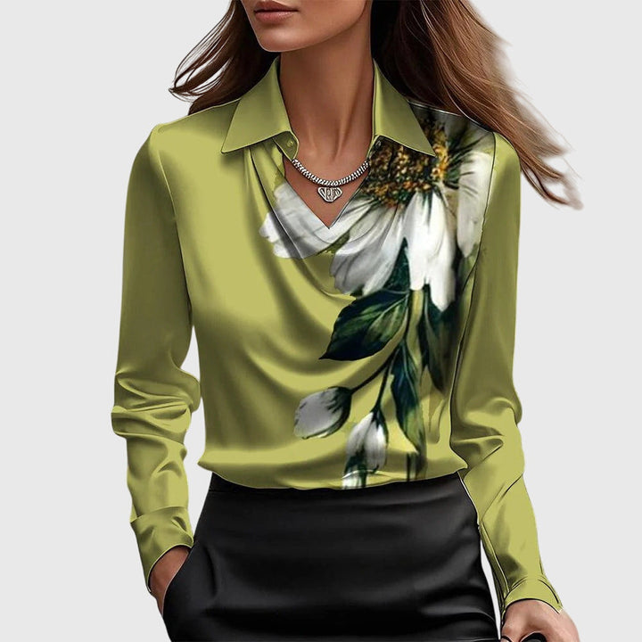 Blouse femme décontractée chic, manches longues, idéale pour un look automne-printemps moderne et élégant.