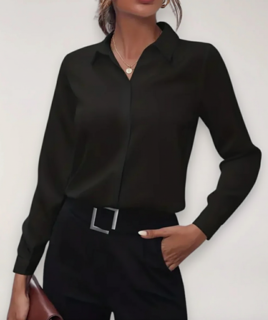 Blouse femme polyvalente à manches longues boutonnée, col en pointe, style bureau ou décontracté élégant.