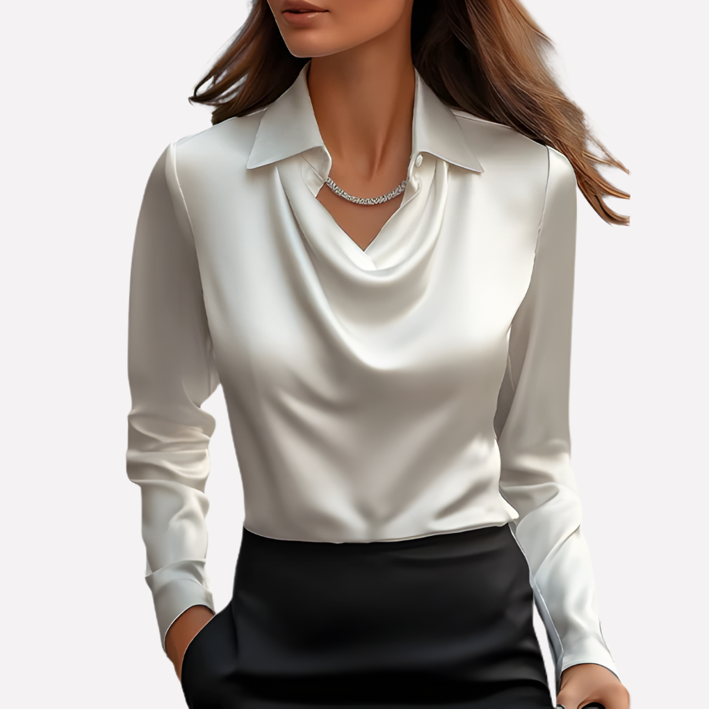 Chemisier femme chic avec col drapé élégant, idéal pour bureau ou soirée.