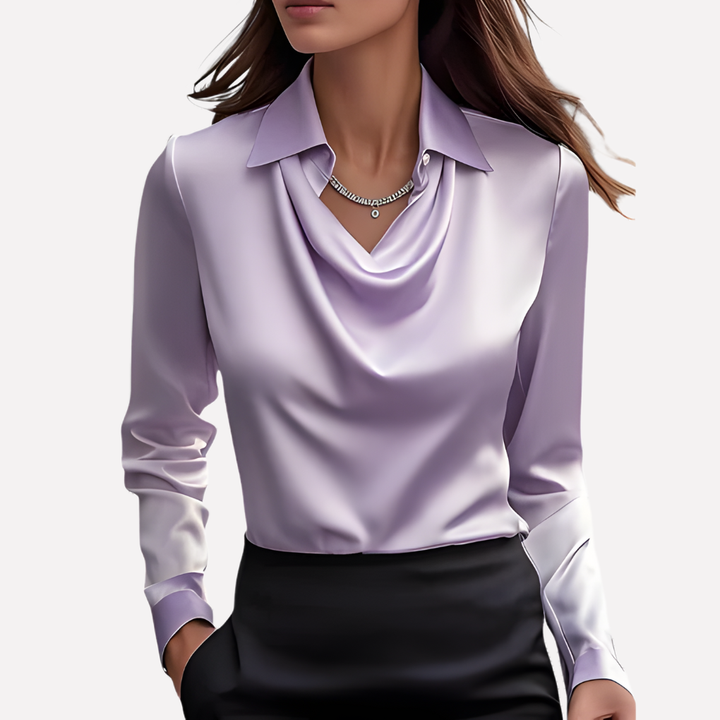 Magnifique chemisier femme mode avec col drapé, manches longues, style élégant et fluide.