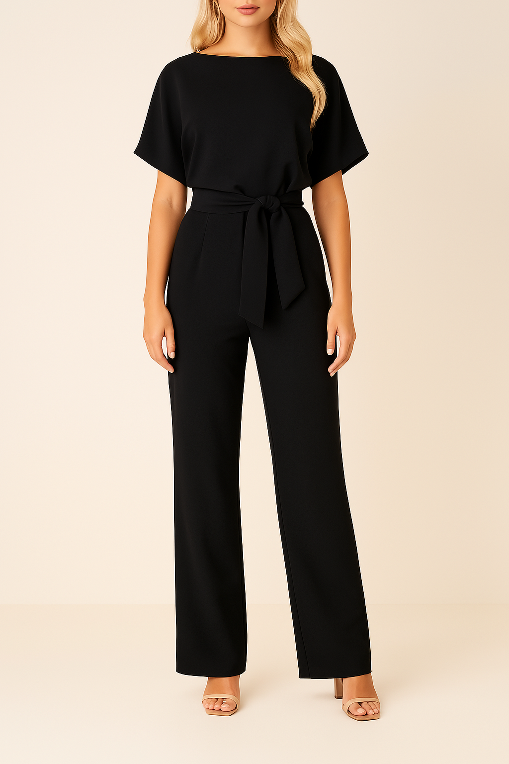 Jumpsuit fluide et confortable pour femme, à jambes larges et taille ceinturée, idéale comme tenue de soirée.