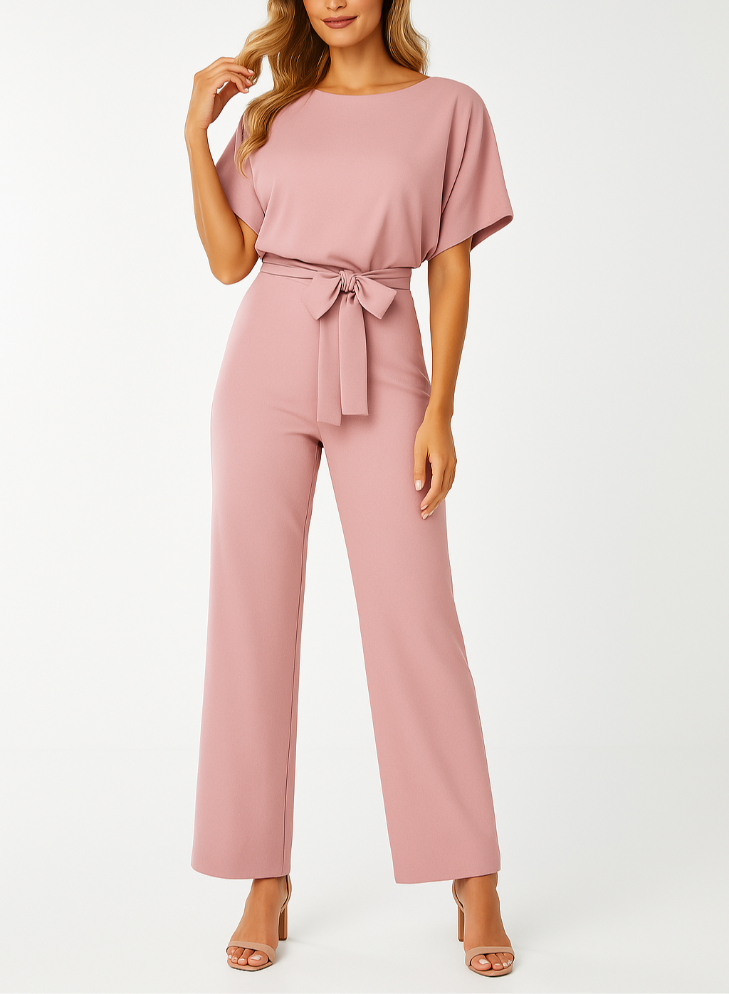Combinaison femme noire ceinturée, avec une coupe jambes larges pour une silhouette élégante et confortable.