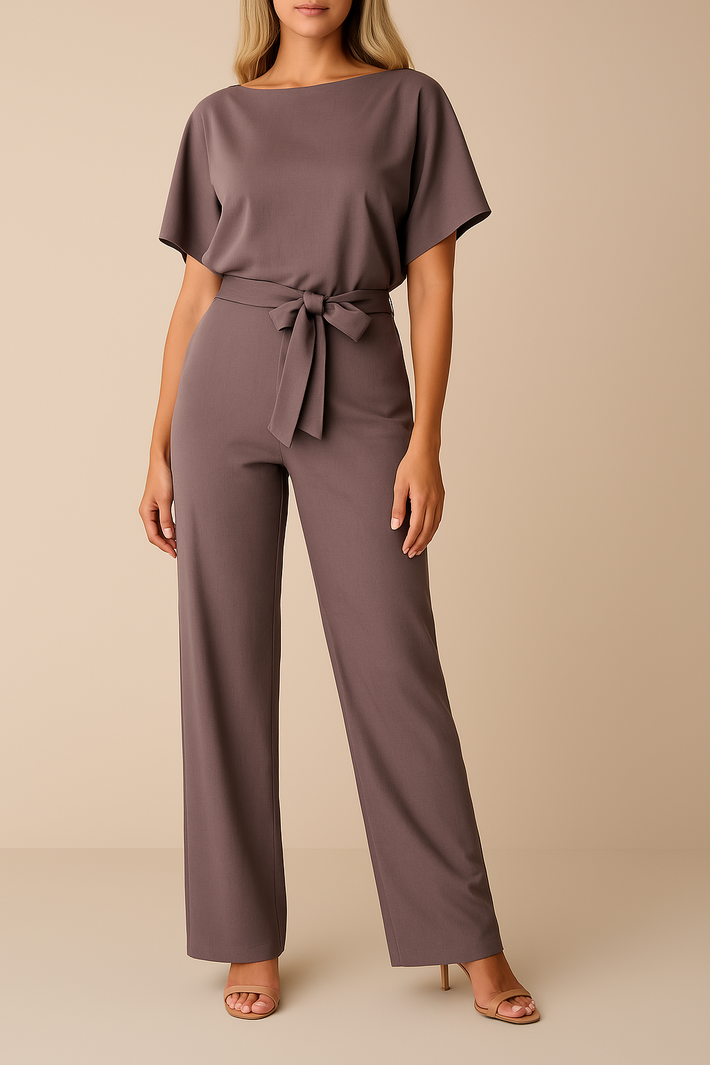 Jumpsuit femme élégante avec jambes larges et taille marquée par une ceinture, pour un style féminin sophistiqué.
