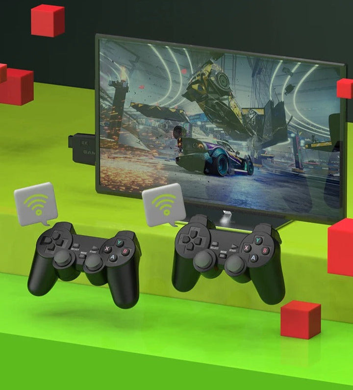 Famille jouant ensemble sur la console de jeu rétro, profitant de ses jeux classiques multijoueurs via HDMI.