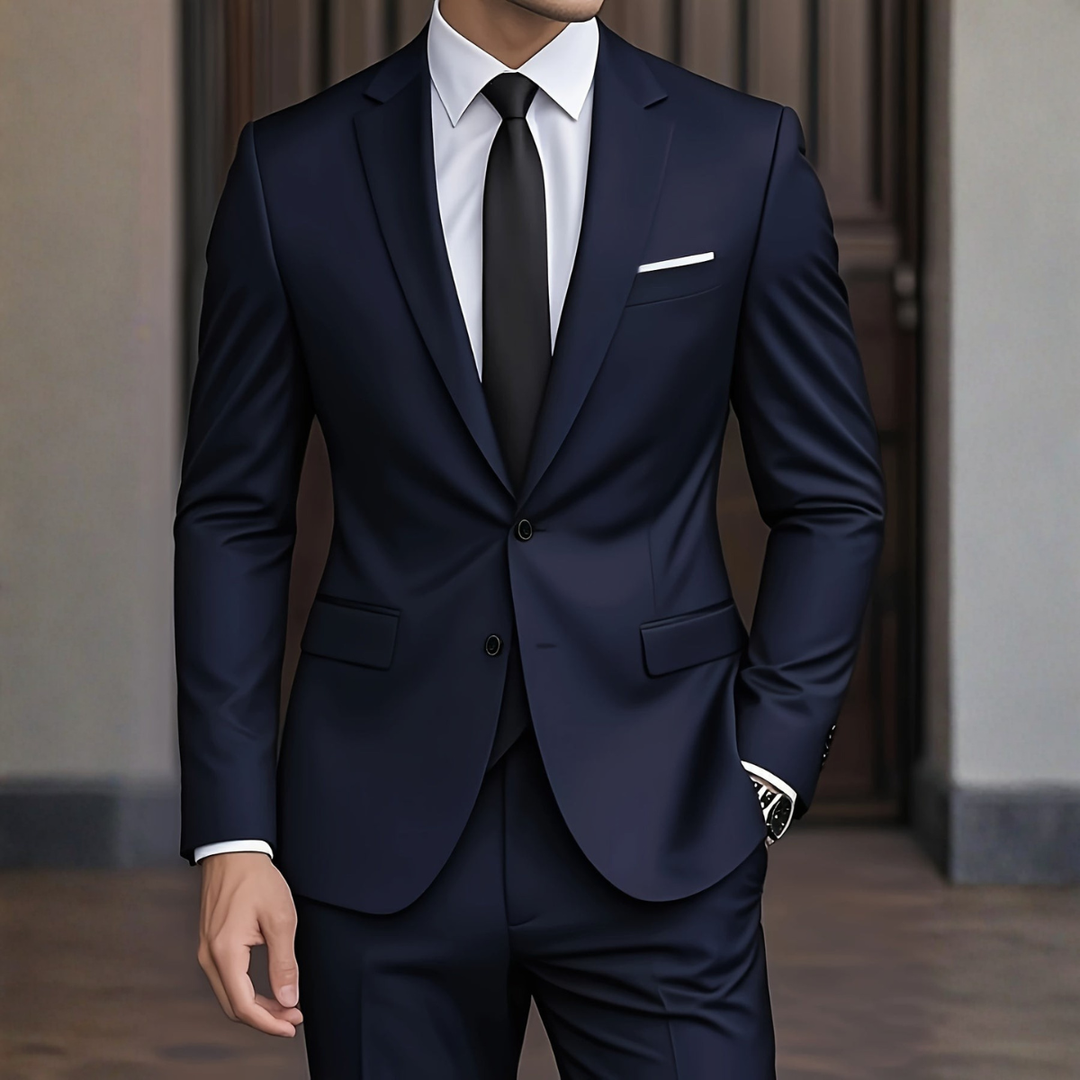 Costume homme moderne slim fit, vue de face, élégance et raffinement pour tenue formelle.