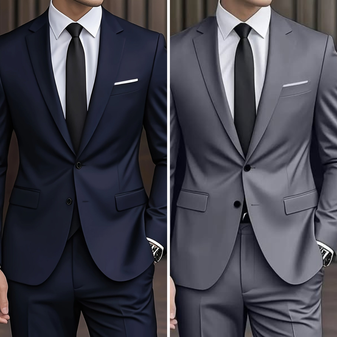 Costume homme moderne, veste et pantalon slim fit, tenue deux pièces chic pour bureau.