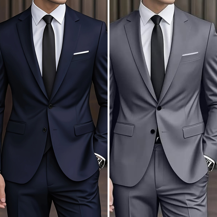 Costume homme moderne, veste et pantalon slim fit, tenue deux pièces chic pour bureau.