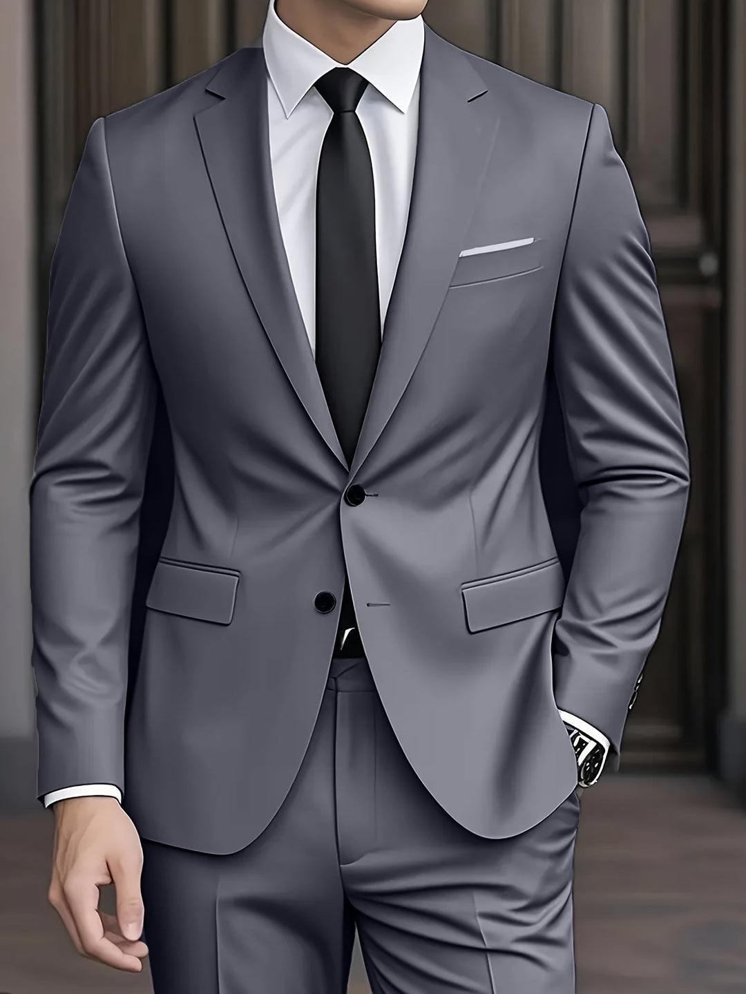 Costume homme deux pièces, slim fit, style moderne et élégant, parfait pour tenue de bureau.