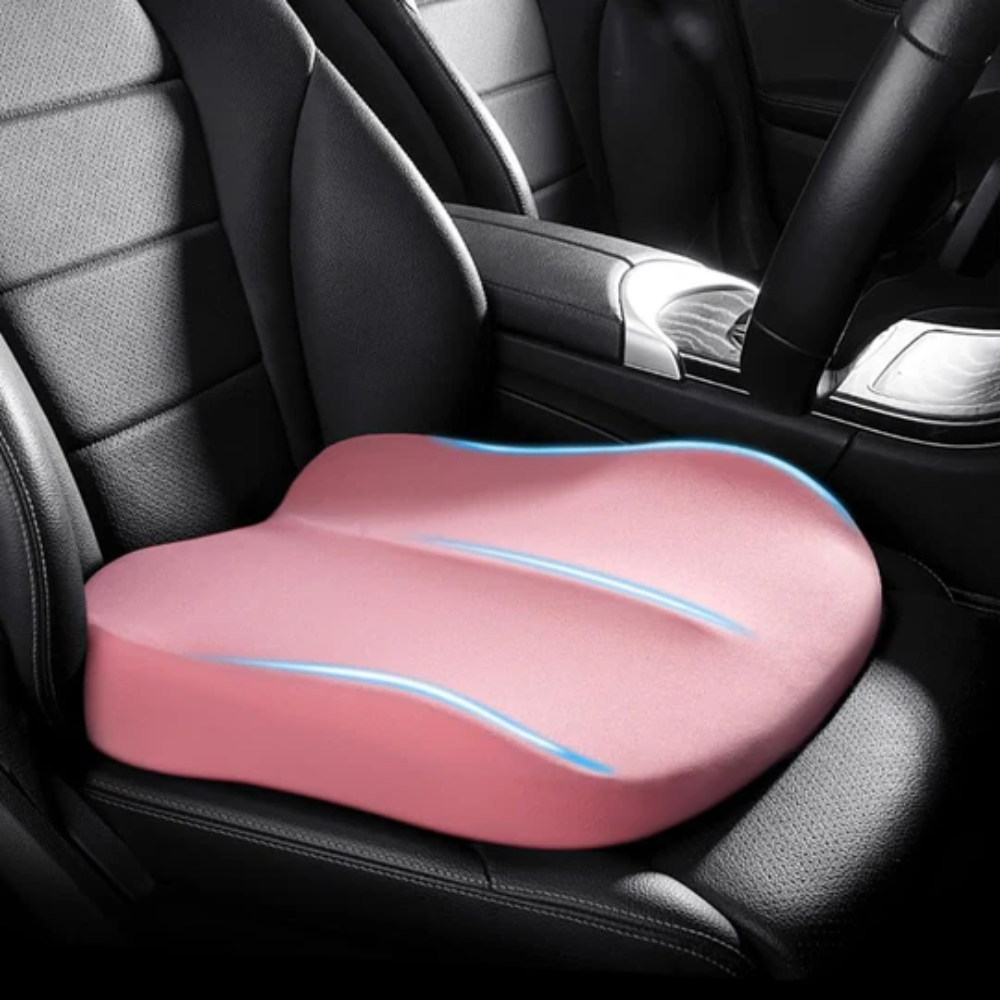 Coussin portable en mousse à mémoire de forme pour siège auto, bureau. Ergonomique, il offre soutien et confort anti-dérapant.