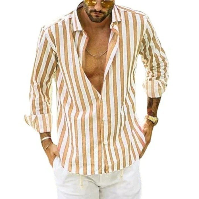 Chemise homme rayée kaki à manches longues, style décontracté, parfaite pour un look casual élégant.