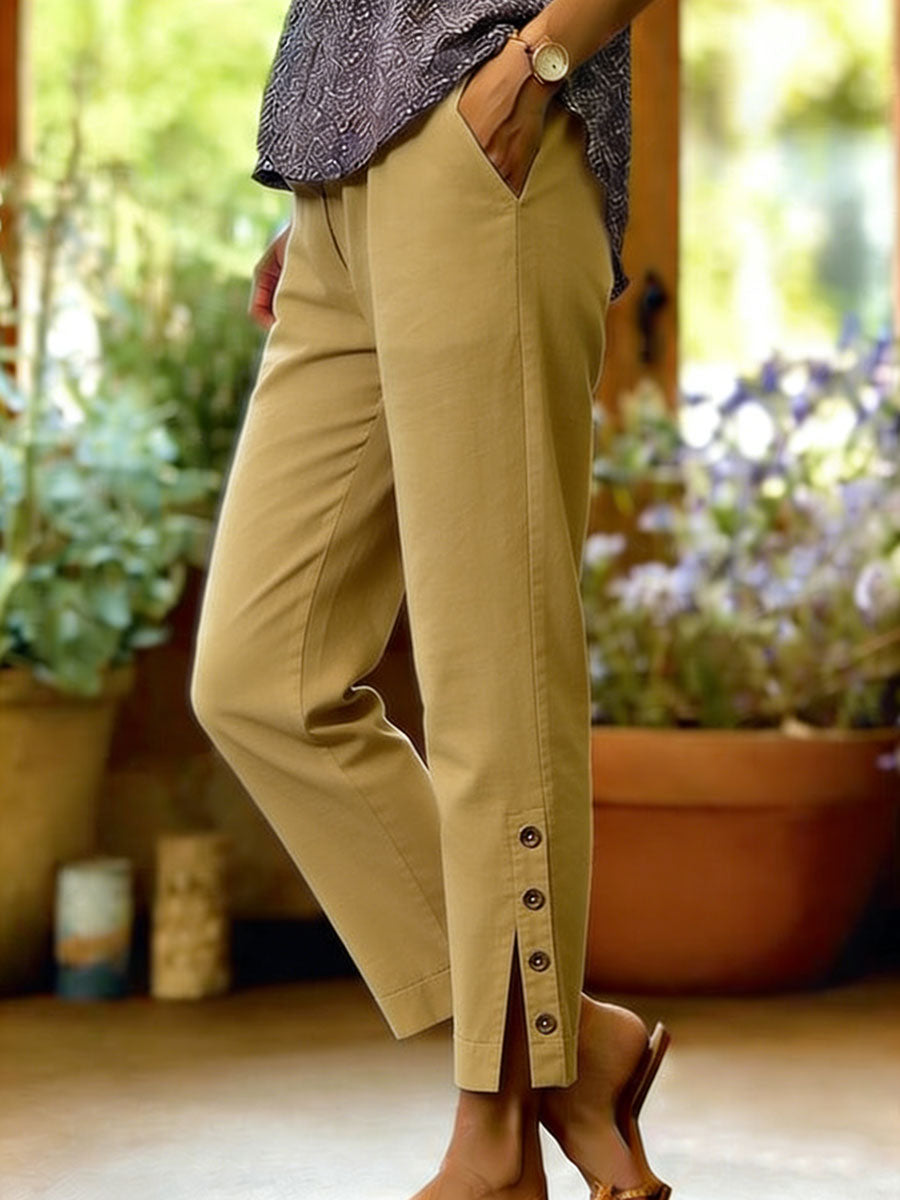 Pantalon décontracté chic femme en mélange coton-lin, coupe fluide, parfait pour le printemps et l'été.
