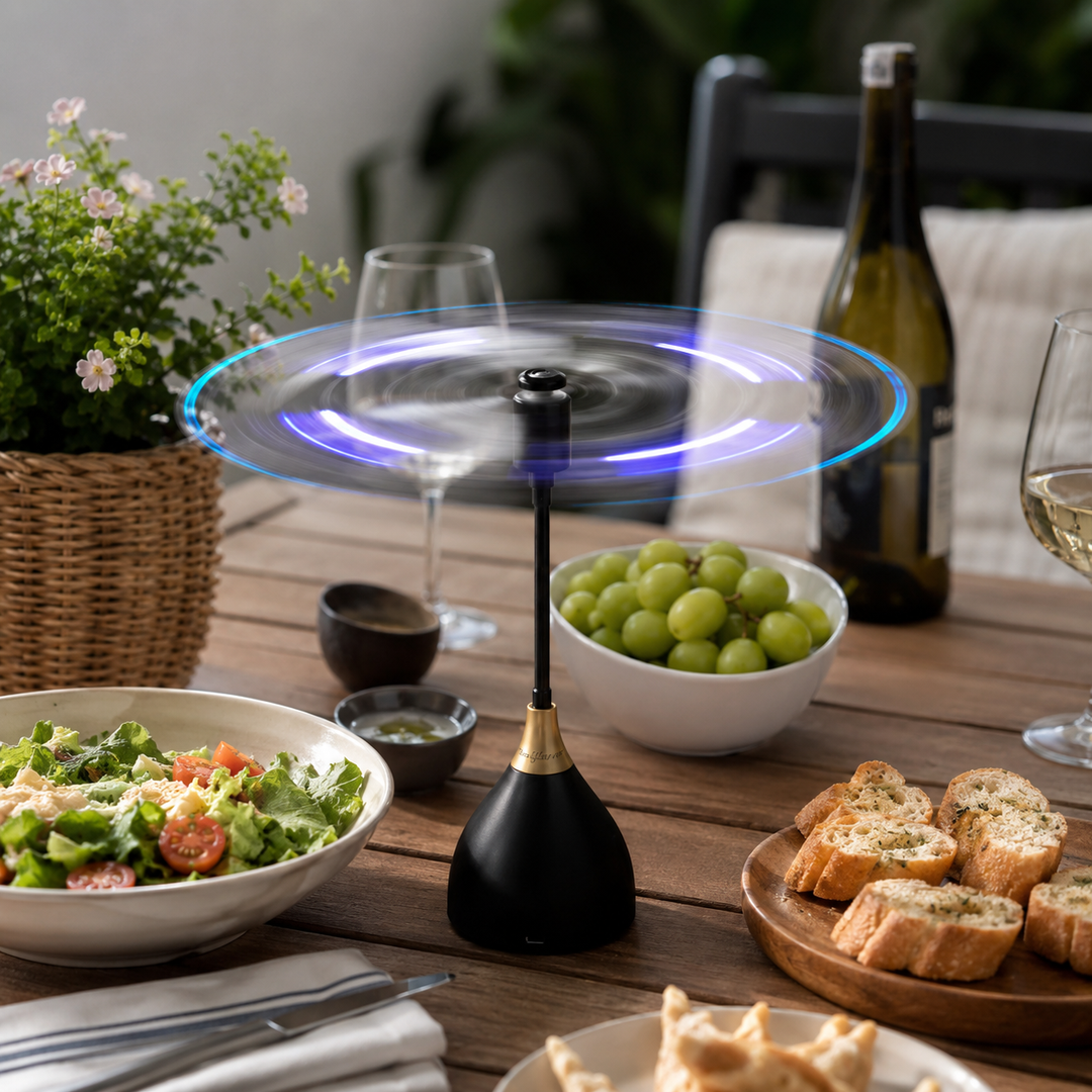 Solution anti-mouches de table noire, efficace et sans effort pour vos moments de détente en extérieur ou intérieur.