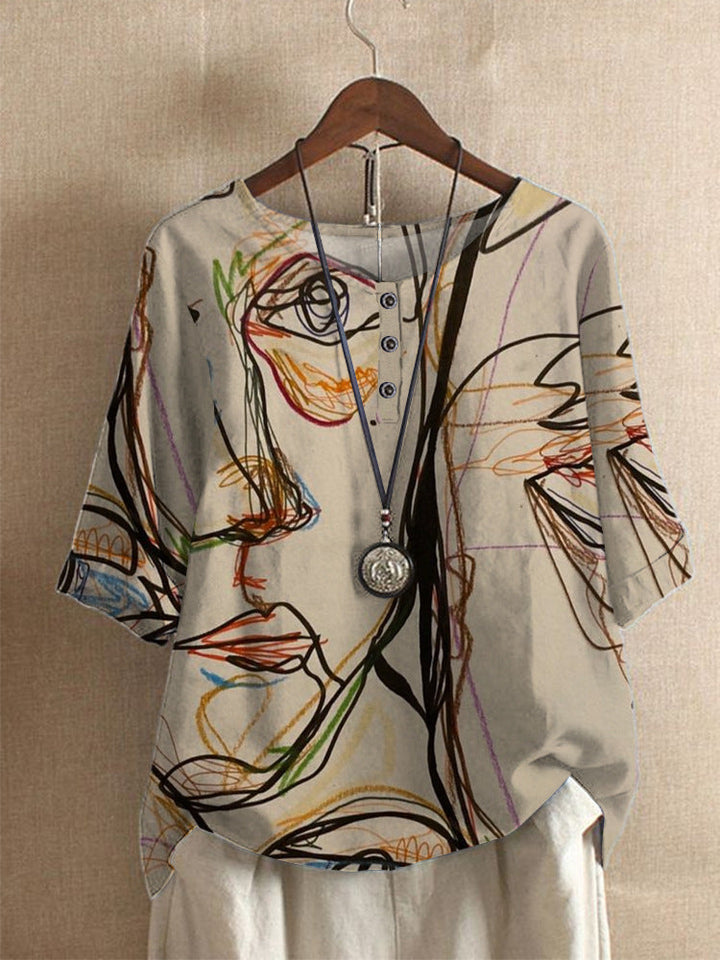 T-shirt femme casual chic, imprimé artistique unique. Col rond, manches 3/4. Parfait pour mode printemps été et confort.
