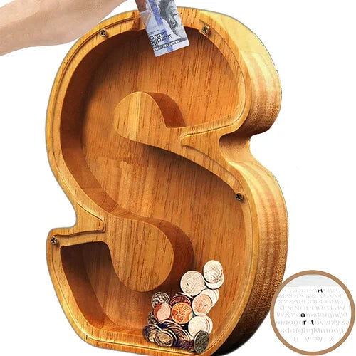Tirelire TreasureNest en bois, lettre R. Décoration unique pour chambre d'enfant, adulte, un cadeau personnel.
