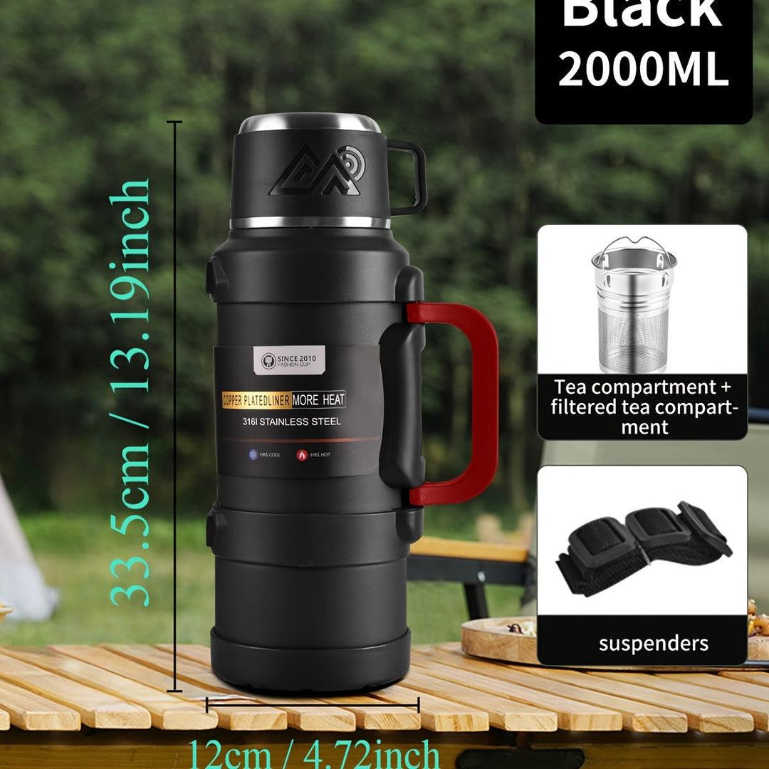 Grande bouteille thermos noire mat, acier inoxydable, idéale pour sport, bureau, voyages.