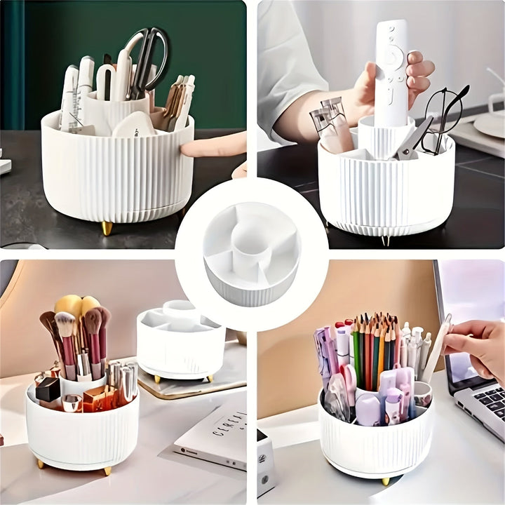 Organisateur de maquillage rotatif 360° pour un rangement cosmétique élégant et accessible sur coiffeuse.