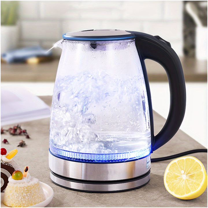 Bouilloire design AquaElegance en verre transparent avec éclairage LED bleu, capacité 2 litres.