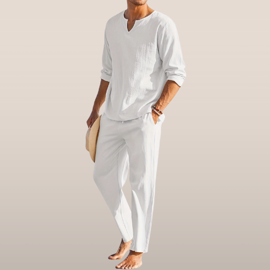 Ensemble décontracté homme 2 pièces, chemise manches longues col V et pantalon fluide droit pour l'été.