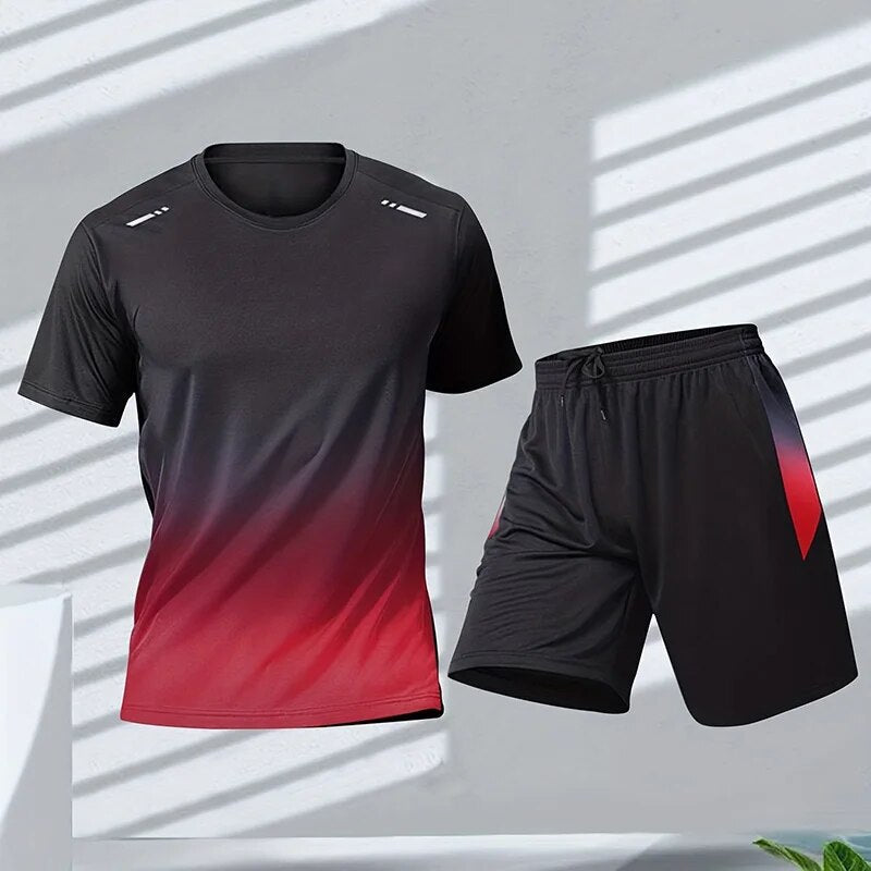 Ensemble de sport homme athlétique, t-shirt et short confortables pour fitness, entraînement et course en été.