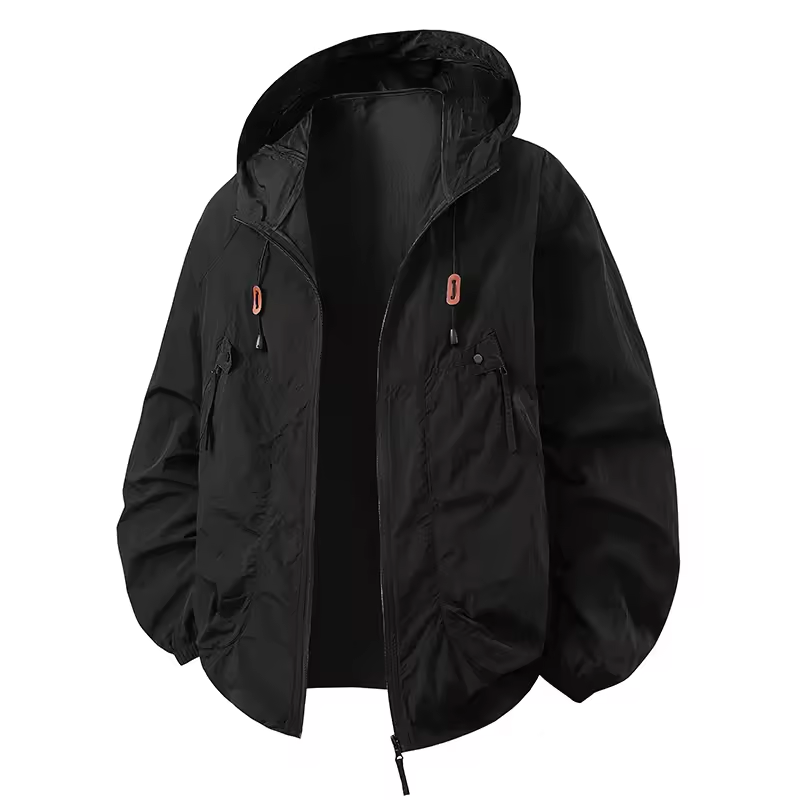Veste unisexe respirante avec capuche, offrant confort et protection en toute saison.
