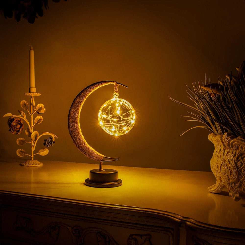 Luminaire lune suspendue en verre, lampe de table décorative avec éclairage LED doux.