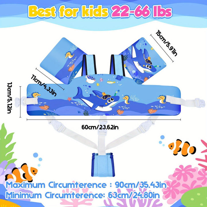 Enfant dans l'eau portant le gilet de sauvetage DinoGuard, flottabilité ajustable, design amusant.