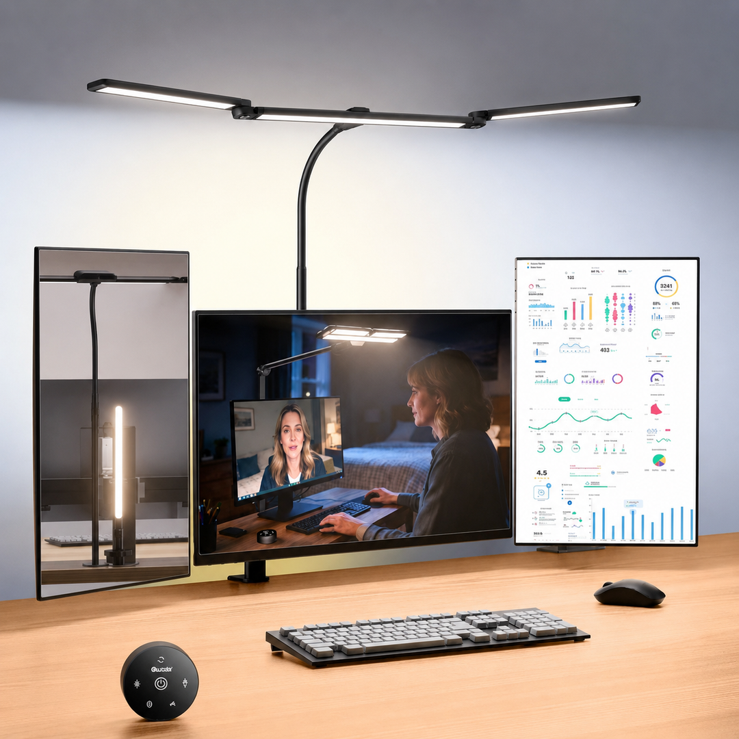 Lampe de bureau LED pliable avec capteur radar intelligent. Éclairage ajustable pour travail, lecture et confort visuel.