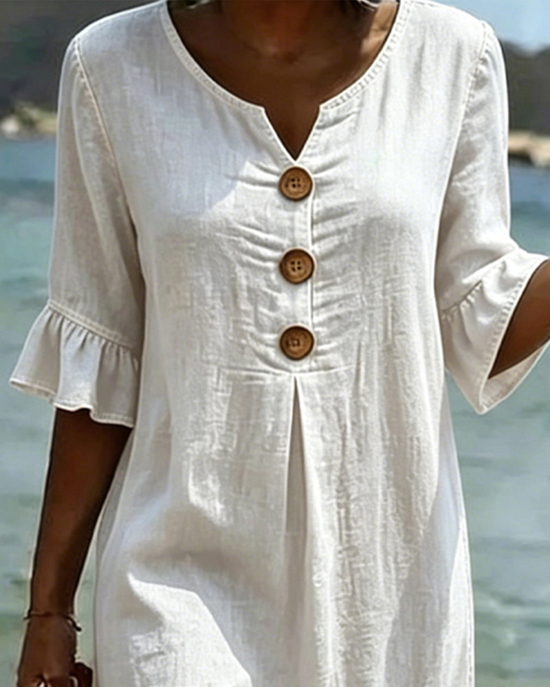 Robe de plage femme fluide, manches volantées, idéale pour les vacances estivales et le soleil.