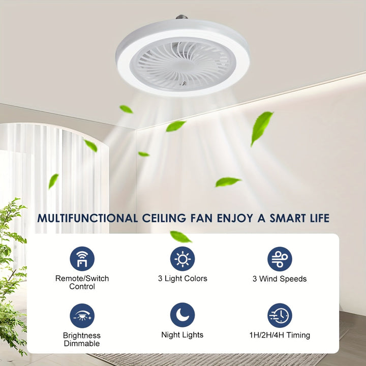 Lampe LED avec ventilateur silencieux, intensité lumineuse réglable, télécommande incluse.