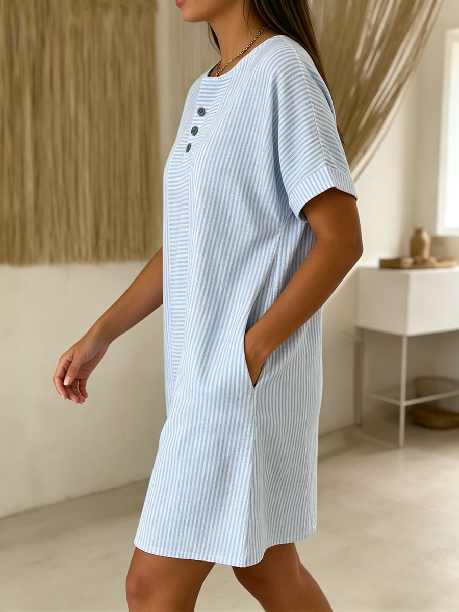 Robe confortable en coton lin pour femme, style ample et col Henley, parfaite pour l'été ou le printemps.