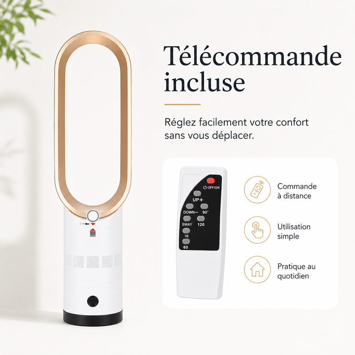Tour AeroLuxe avec télécommande. Ventilateur et chauffage silencieux, contrôle facile pour maison.