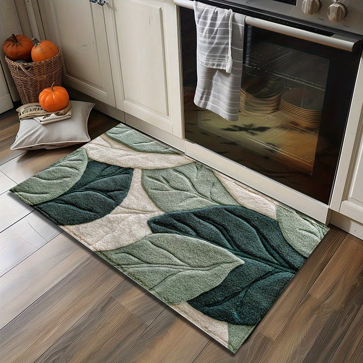 Vue d'ensemble d'un tapis de bain ovale antidérapant avec motif de feuilles naturelles. Confort et sécurité.