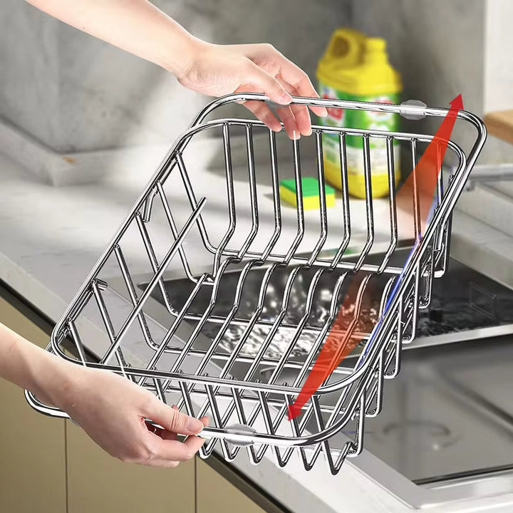 Égouttoir télescopique en acier inoxydable pour évier, séchage rapide de la vaisselle et organisation de cuisine.