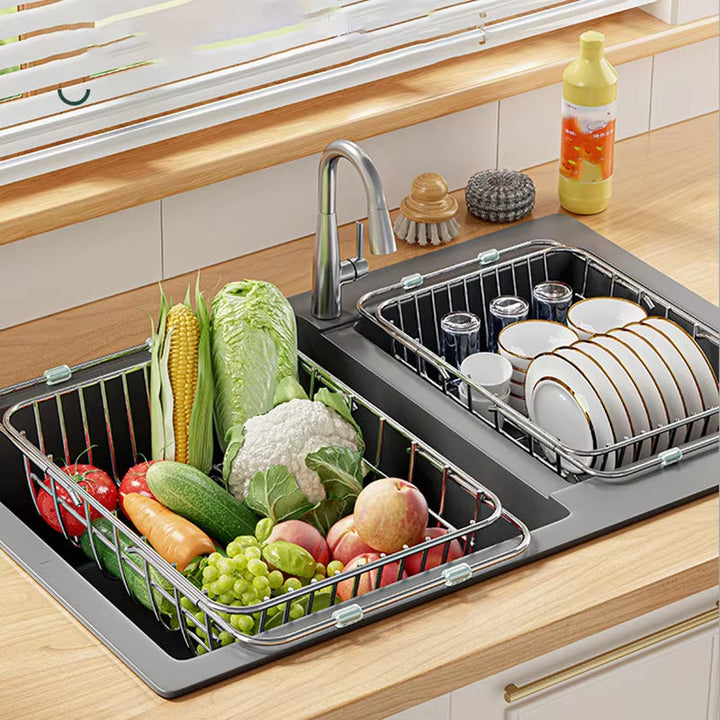 Égouttoir de vaisselle extensible en acier inoxydable, parfait organisateur de cuisine pour évier, gain de place.