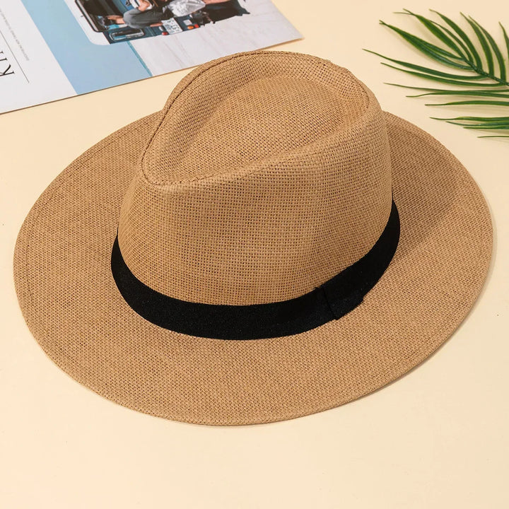 Chapeau de plage unisexe en paille élégant pour protection solaire. Idéal été, vacances, voyage.