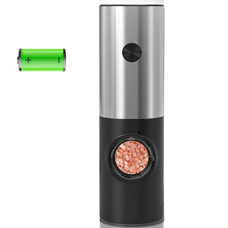 Moulin à sel électrique premium, un ustensile de cuisine automatique en acier inoxydable brossé.