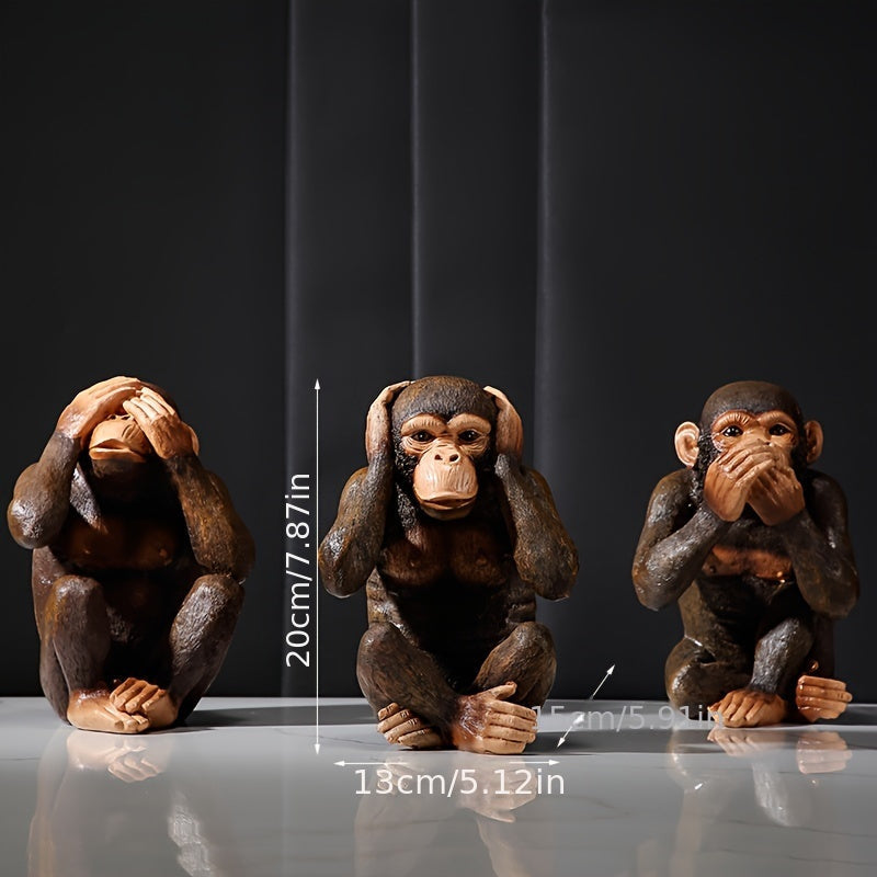 Arrangement de 3 statuettes singes sages en résine, décoration de sagesse pour étagère, table ou jardin.