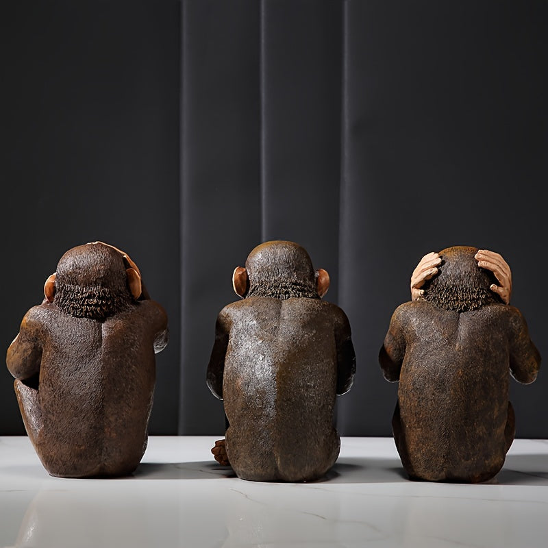 Décoration symbolique : 3 statuettes singes sages en résine, cadeau zen pour maison, bureau ou jardin.