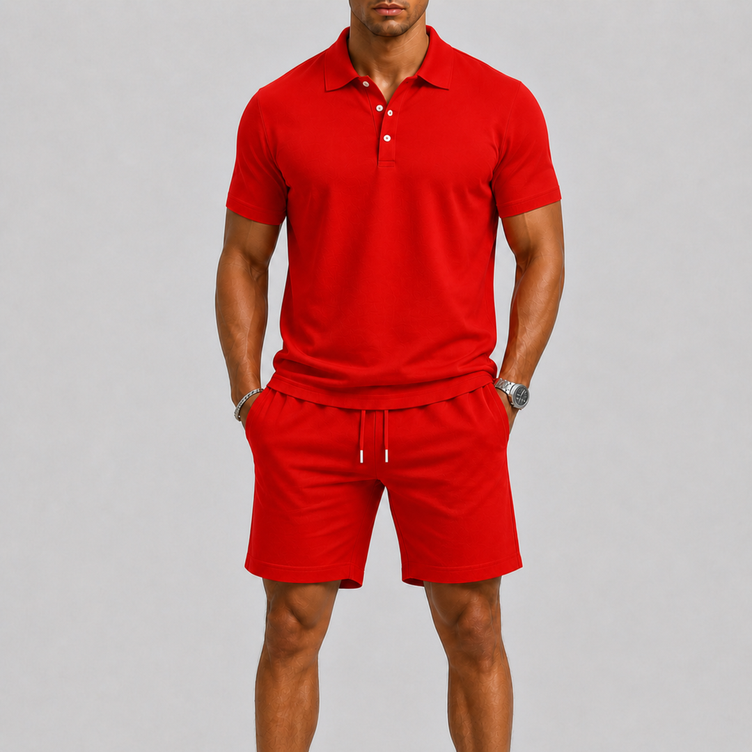 Ensemble sportif homme polo-short, matière respirante et confortable, style décontracté pour l'été.