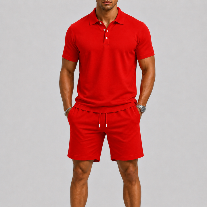 Ensemble sportif homme polo-short, matière respirante et confortable, style décontracté pour l'été.